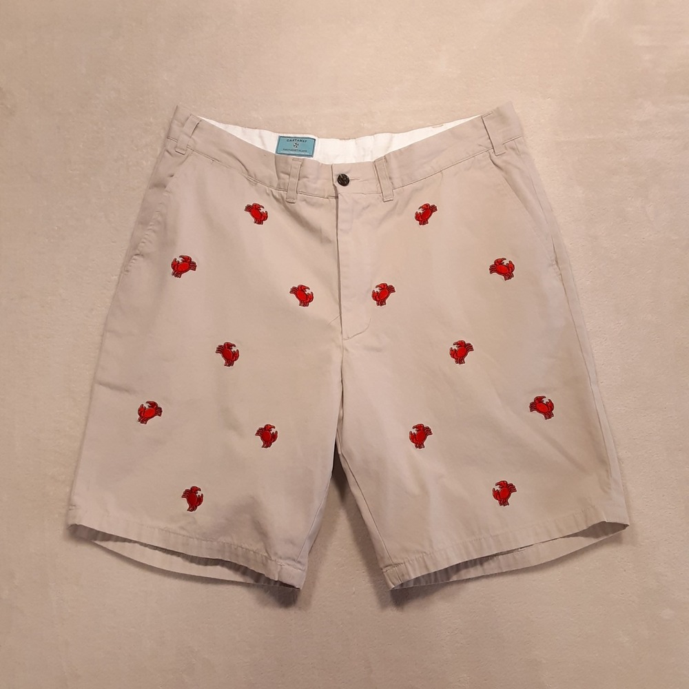 Castaway Nantucket Mens Lobster Print Chino Shorts 36 Beige Flat Front 9" Inseam